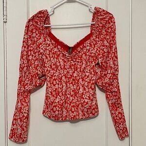 Anthropologie red floral sweetheart bishop sleeve crinkle top romantic boho